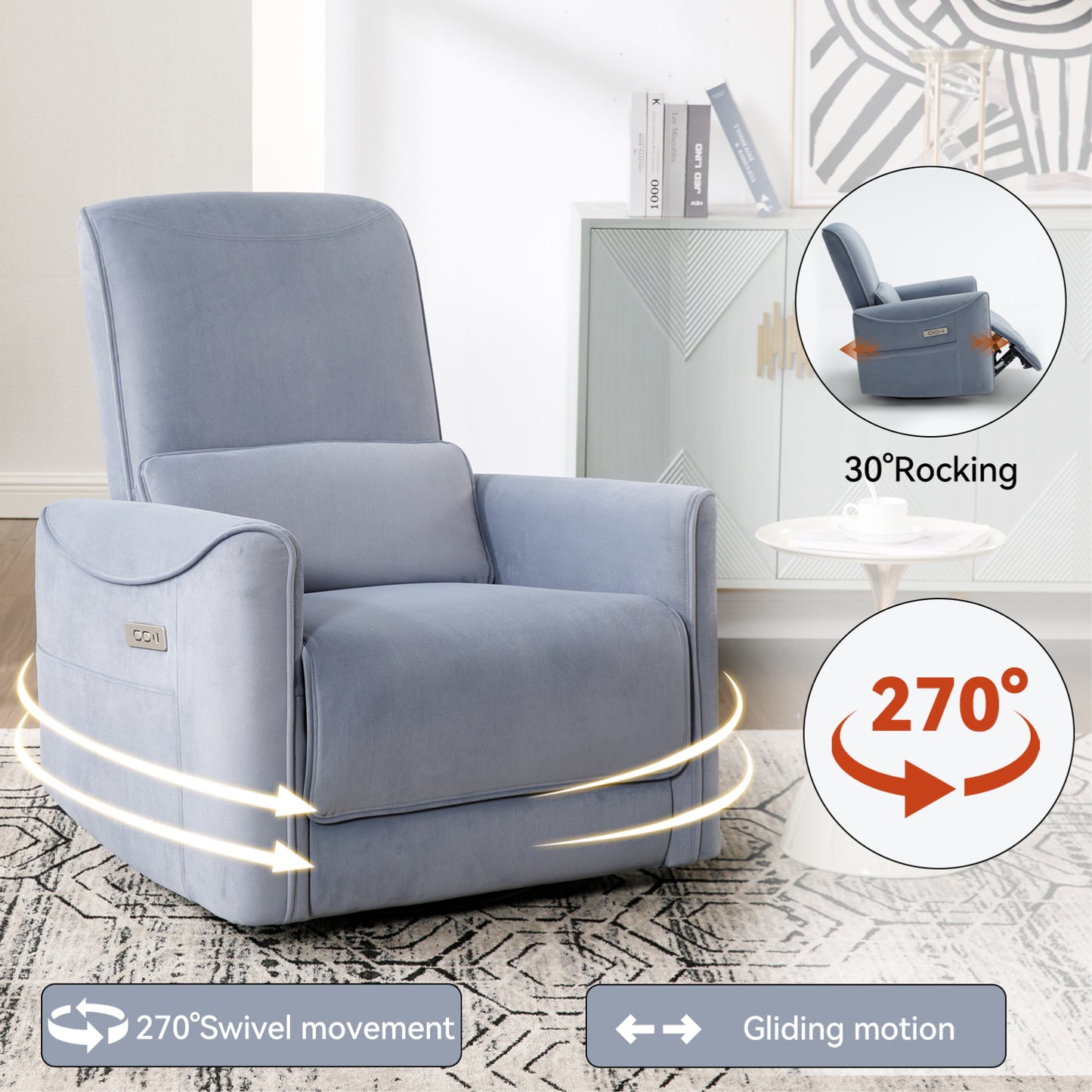 Blue Swivel and Rocker Power Recliner Chair, Heavy Duty Motion Mechanism with USB and Type-C Ports