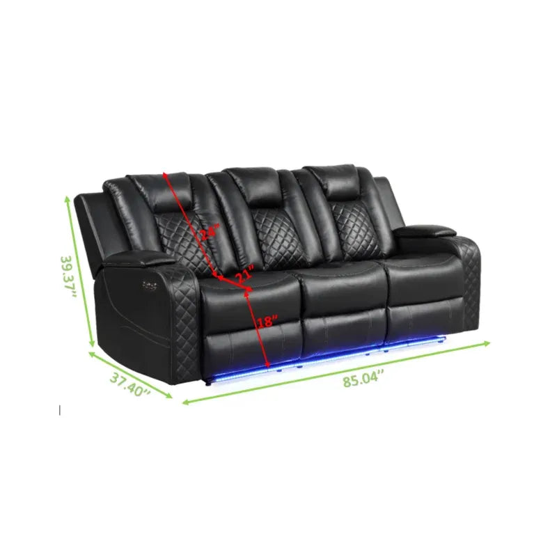 LED & Power Reclining Sofa Made With Faux Leather in Black