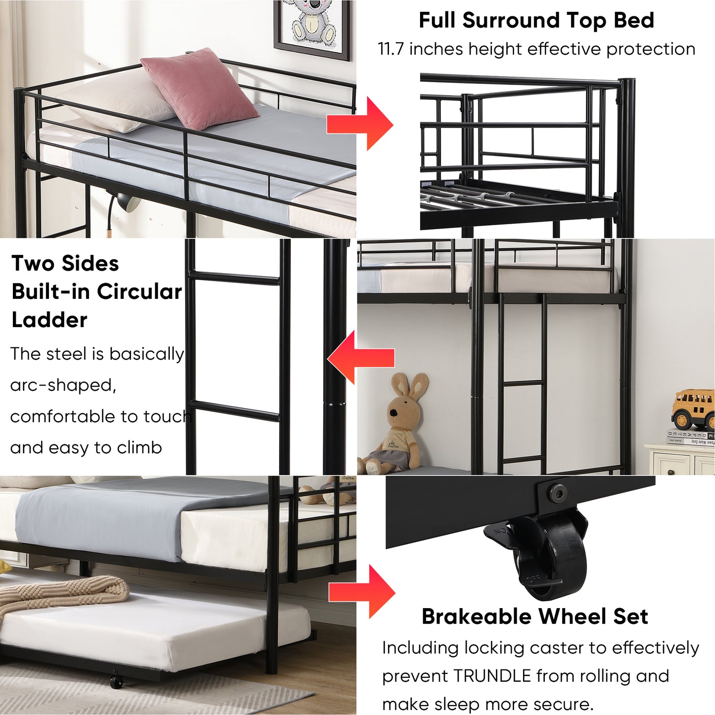 Over Twin Bunk Bed Frame with Trundle,Metal Bunkbed with Sturdy Guard Rail and 2 sideLadders for Kids/Adults,Can be Divided Into Two Beds, No Box Spring Needed, Noise Free for Dorm,Black