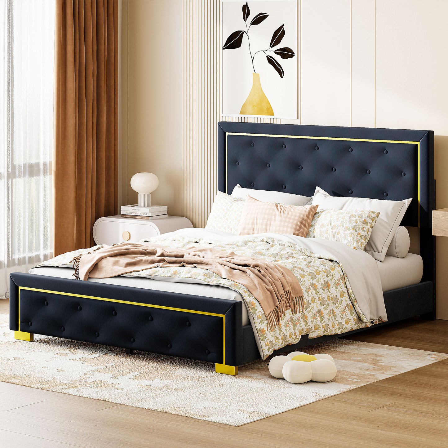 Queen Size Upholstered Platform Bed With Pull Point Headboard And Metal Wire Frame At The Head And Foot Of The Bed, Metal Feet, Velvet, Black