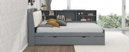 Wood Full Size platform bed with Trundle, Shelves and Storage Headboard, Gray