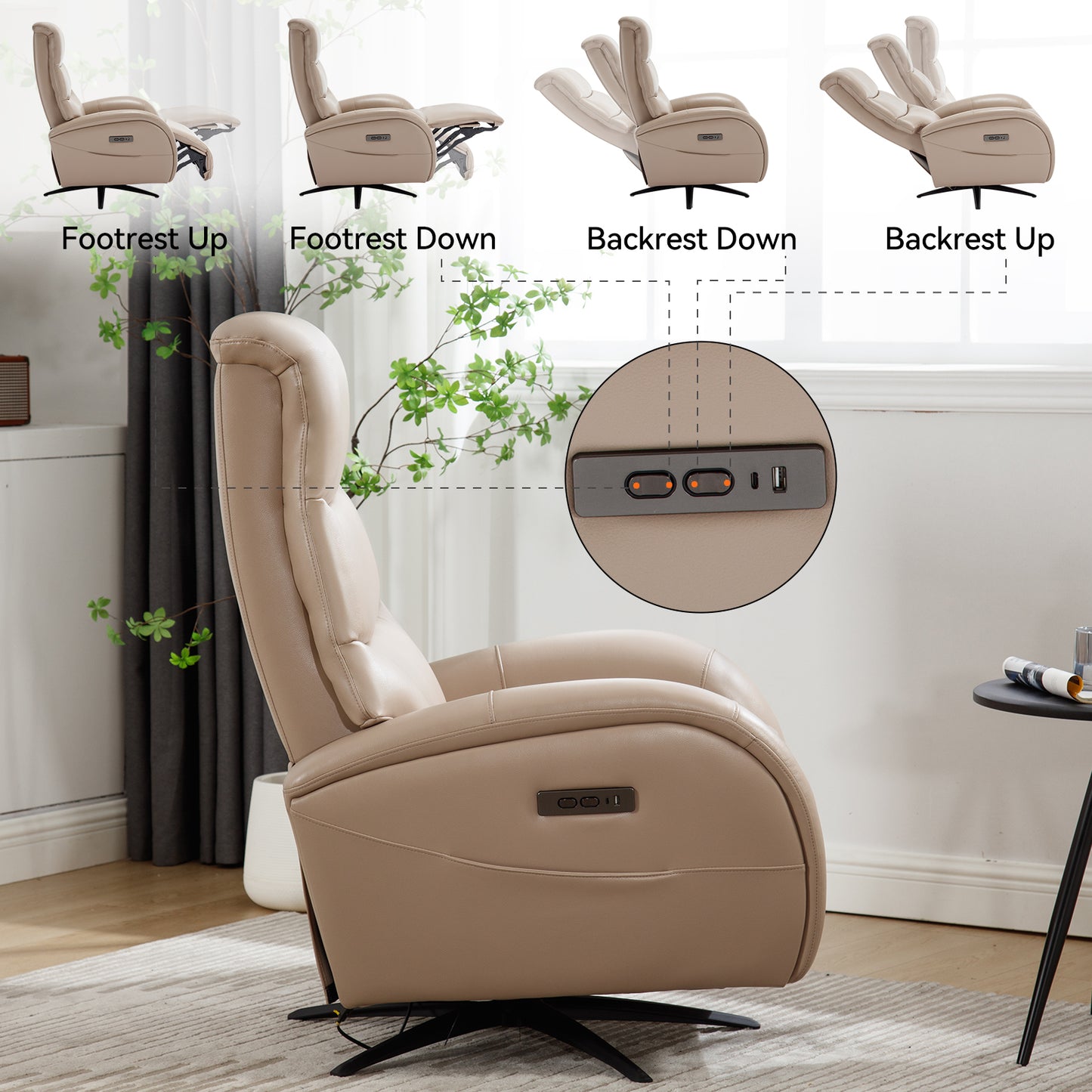 Khaki Leatheraire Dual Motor 270° Swivel Power Recliner Chair With Heavy Duty Motion Mechanism, USB and Type-C Charging Ports