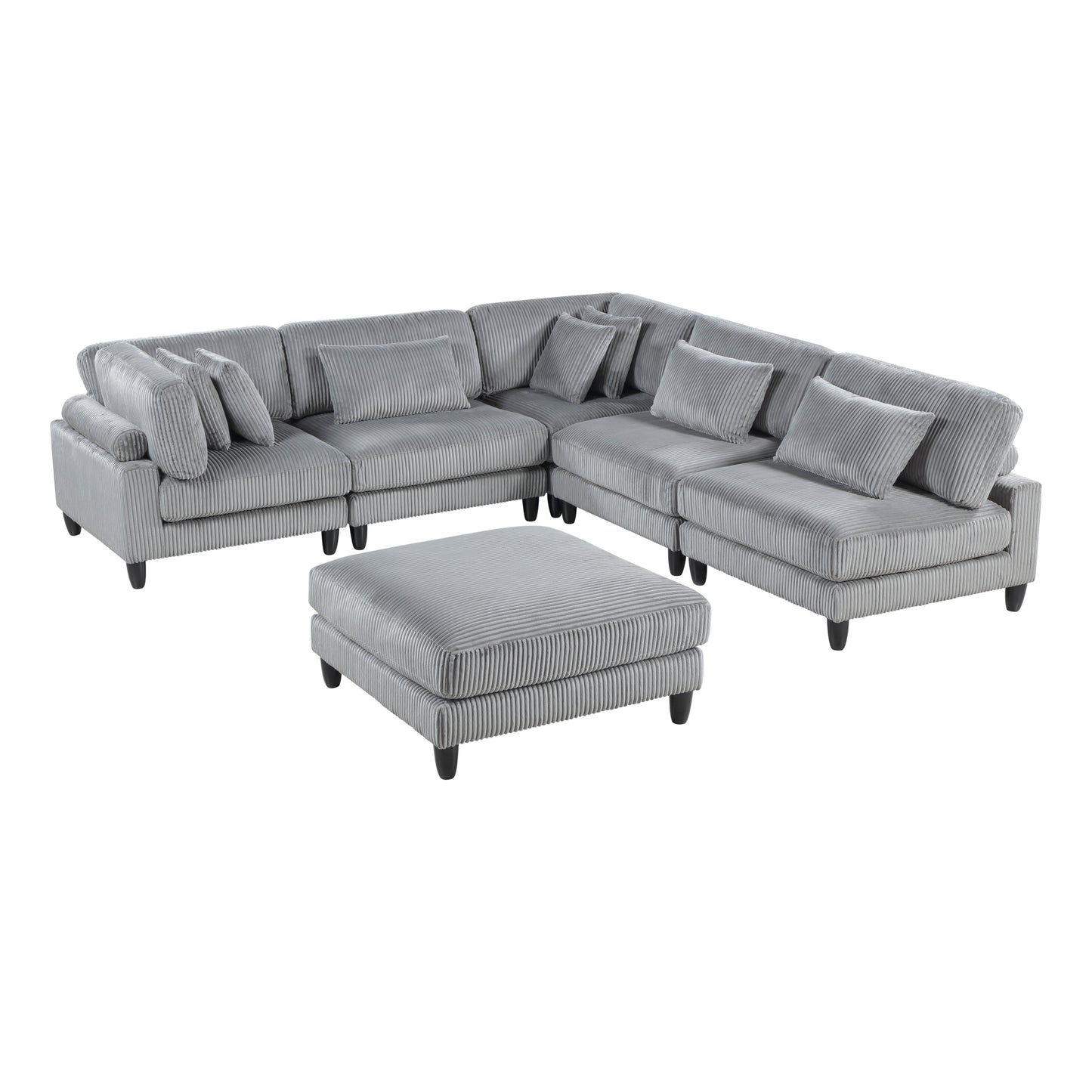 6pc Modular Sectional Set Gray Corduroy Upholstery 3x Armless Chairs 2x Corner Seats 1x Ottoman Pillows Living Room Furniture