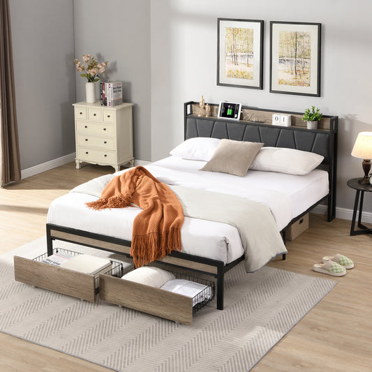 Queen Size  Metal Platform Bed Frame with upholstery storage function Headboard   and USB LINER  and Footboard with drawers , No Box Spring Needed, Large Under Bed Storage, Easy Assemble