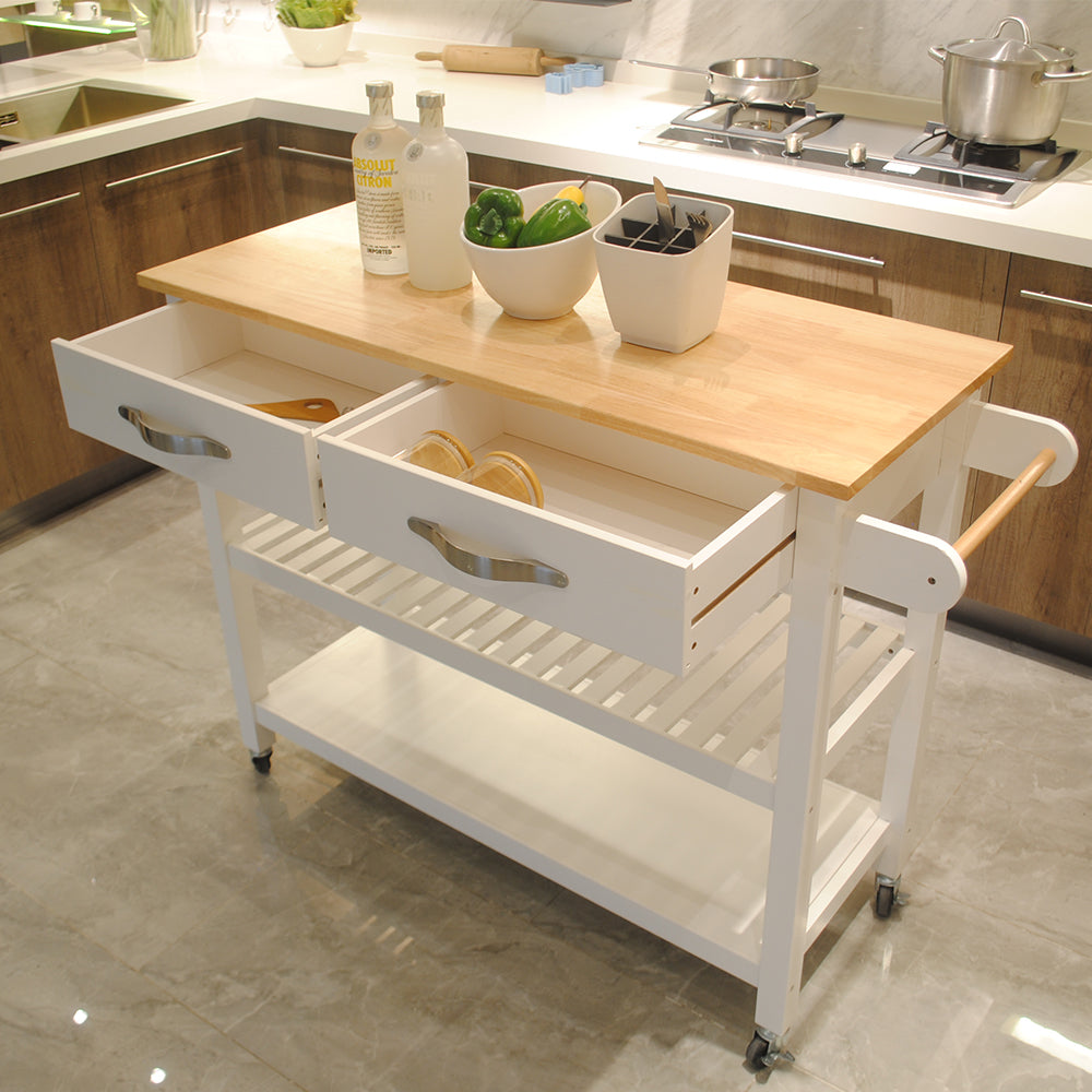 Kitchen Island & Kitchen Cart, Rubber Wood Top, Mobile Kitchen Island with Two Lockable Wheels, Simple Design for Easy Storing and Fetching, Two Drawers Give Unique Storage for Special Utensil.