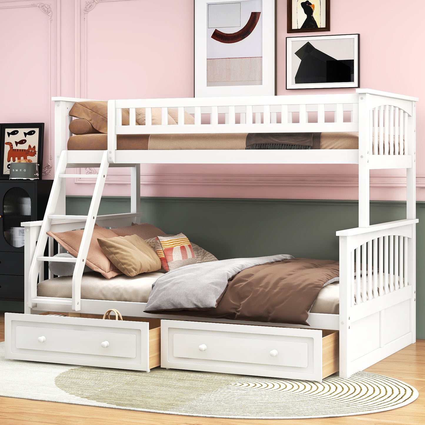 White Twin over Full Bunk Bed with Drawers, Convertible Platform Bed in Solid Pine Wood and MDF, 79.7''L x 57.5''W x 61.2''H