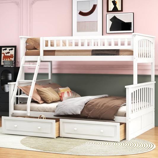 White Twin over Full Bunk Bed with Drawers, Convertible Platform Bed in Solid Pine Wood and MDF, 79.7''L x 57.5''W x 61.2''H