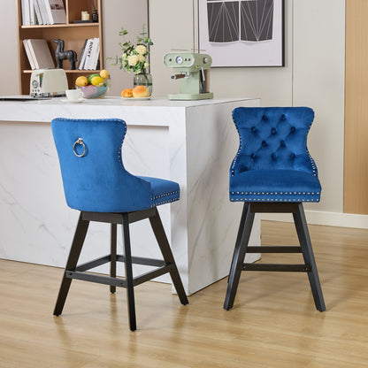 Swivel Velvet Barstools with Button Tufted Decoration and Wooden Legs, and Chrome Nailhead Trim, Leisure Style Bar Chairs,Bar stools, Set of 2 (Blue),SW1860BL