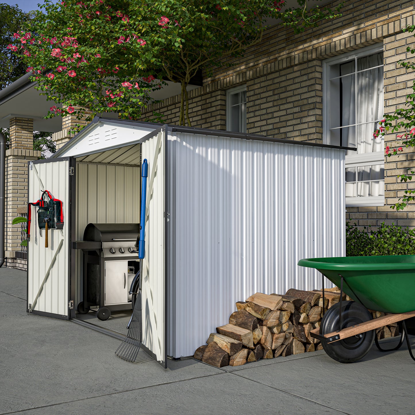 8 x 6 ft Outdoor Storage Shed, All Weather Metal Sheds with  2 Lockable Doors, Tool Shed for Garden, Backyard, Lawn,White