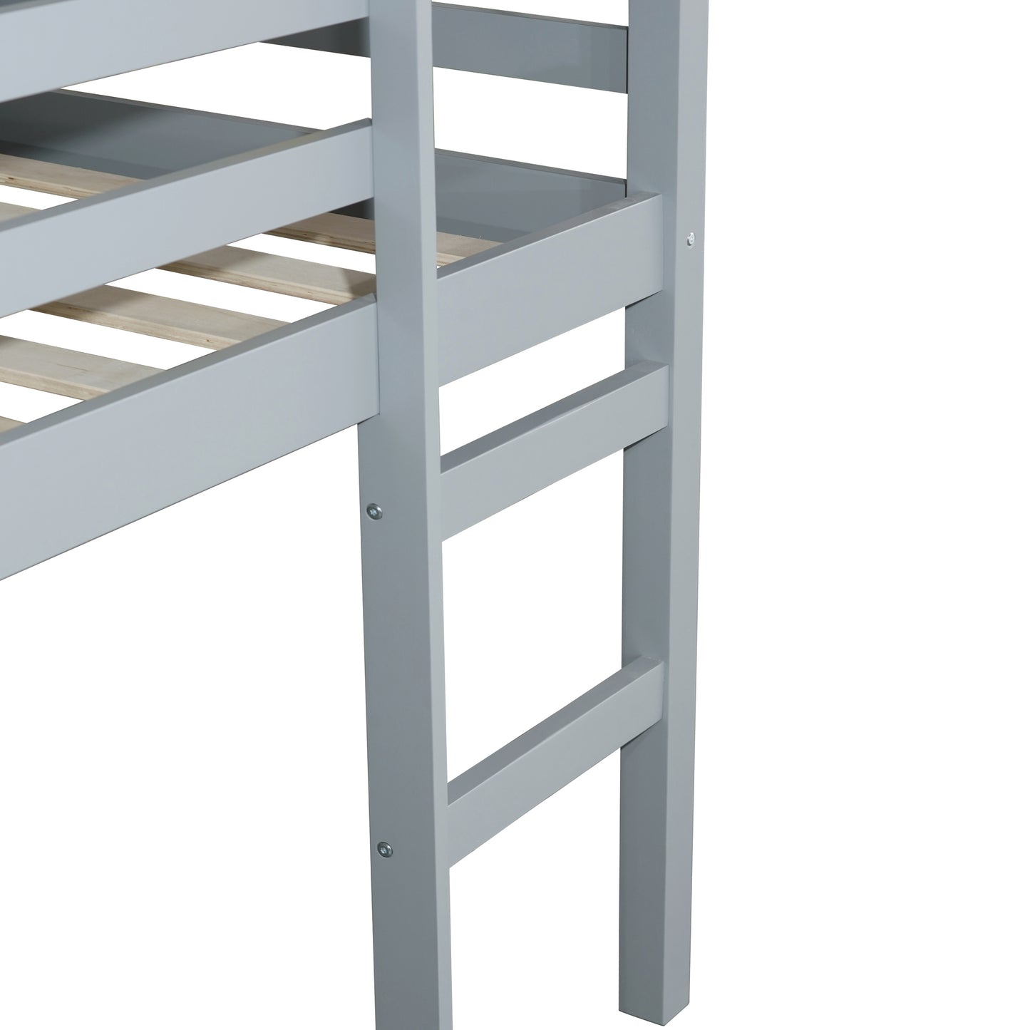 Solid Wooden, Rubber Wooden Twin Loft Bed with Ladder, Bed Platform of Strengthened Slats , Grey