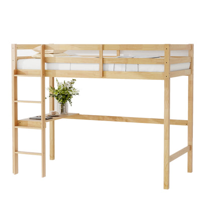 Twin High Loft Bed, Rubber Wood  Loft Bed with Safety Guardrail, built-in desk, ladder,White Oak