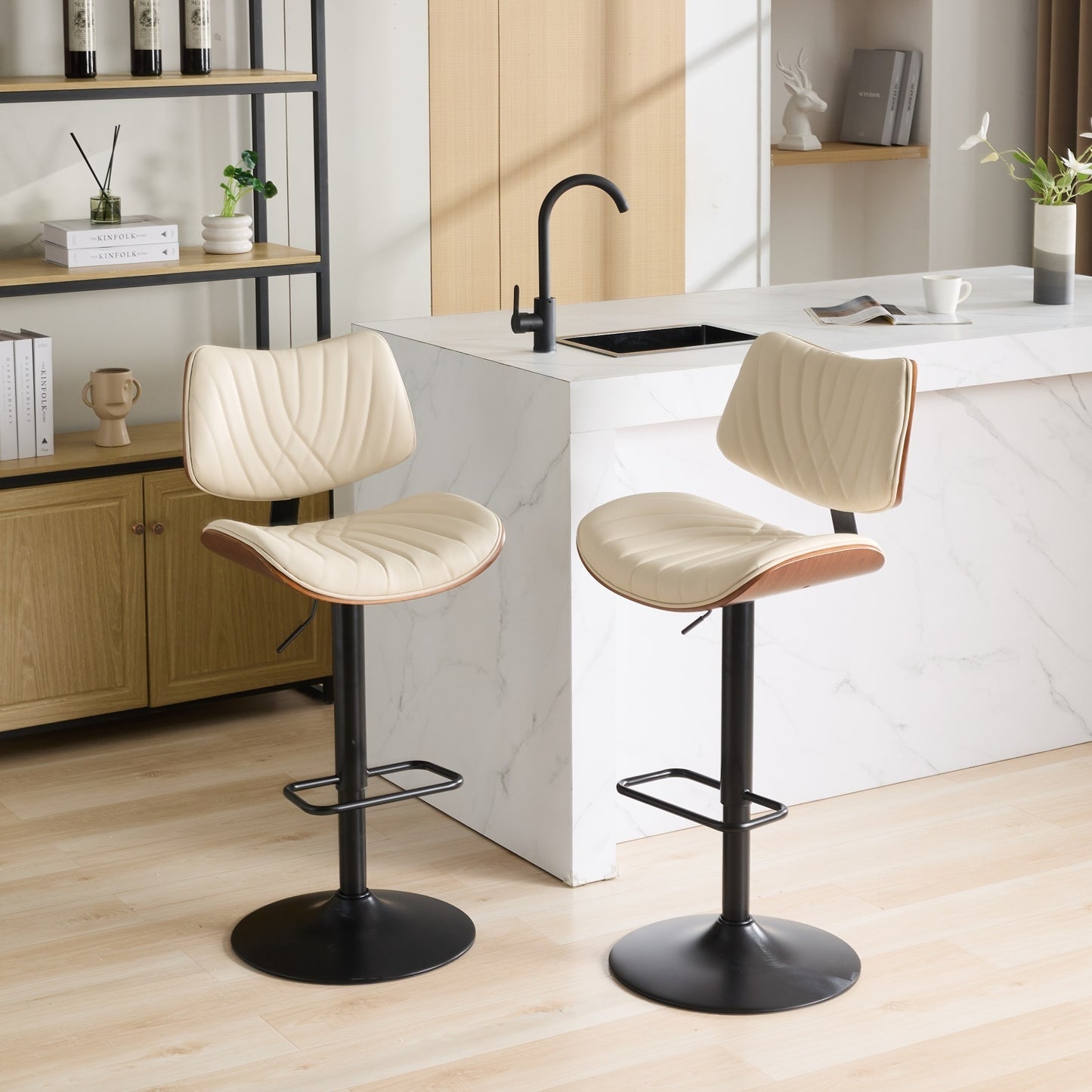 Walnut Bentwood Bar Stools Mid Century Modern Adjustable Counter Height Black Leather Upholstered 360°Swivel Bar Chairs for Kitchen Island/Dining Room/Cafe, 1 chair/1carton,Beige