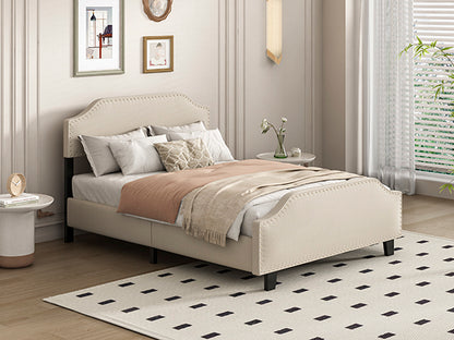 Upholstered Linen Queen Bed Frame, Platform Bed with Curved Shape Headboard and Footboard, Metal Frame with Wood Slat Support, Headboard Height Adjustable, No Box Spring Needed,  Light beige