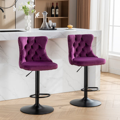 Swivel Velvet Barstools Adjusatble Seat Height from 25-33 Inch,17.7inch base, Modern Upholstered Bar Stools with Backs Comfortable Tufted for Home Pub and Kitchen Island,Purple,Set of 2,SW1812PP