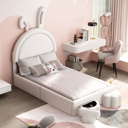 Twin size Upholstered Rabbit-Shape Bed with 2 Storage Stools, Velvet Platform Bed with Cartoon Ears Shaped Headboard, White