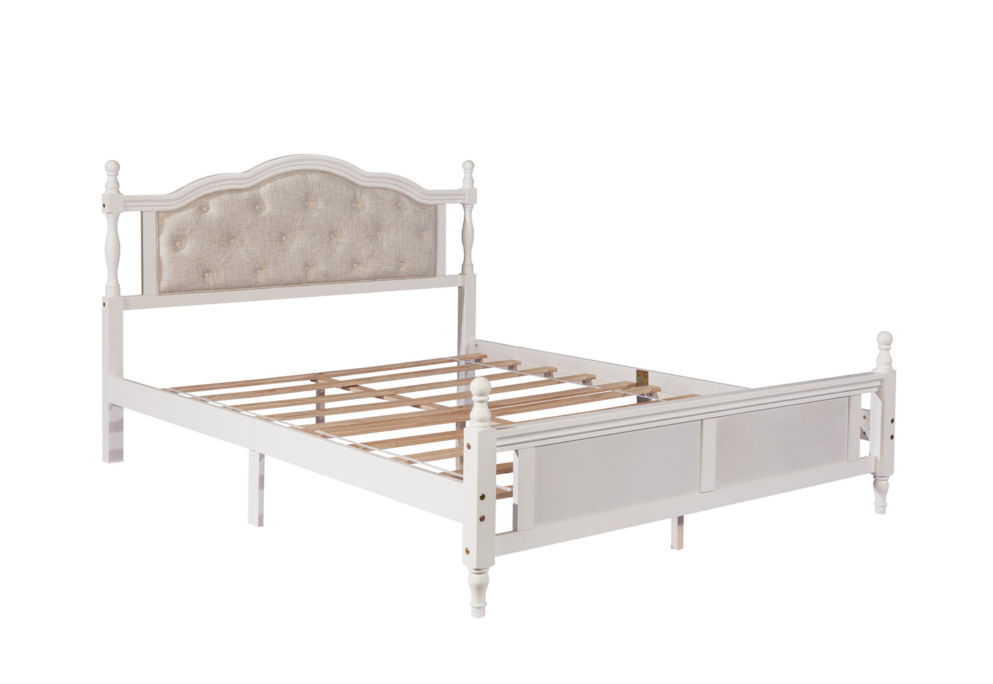 Queen Pine wooden Bed with Upholstered Headboard  and Panel Footboard, with  Two Bed Rail Support Feet and Central Platform Support Feet ,White