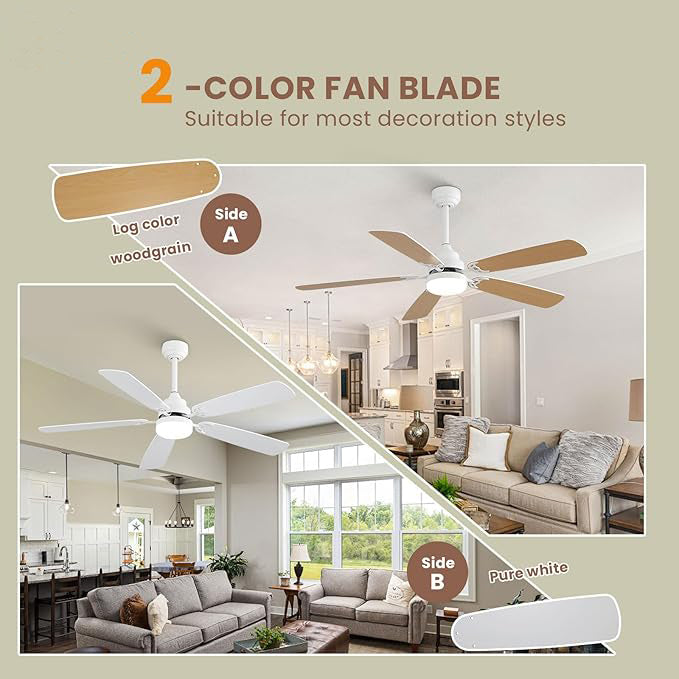 indoor Modern 52 Inch Ceiling Fan With Dimmable 6 Speed Wind 5 Blades Remote Control Reversible DC Motor With Led Light