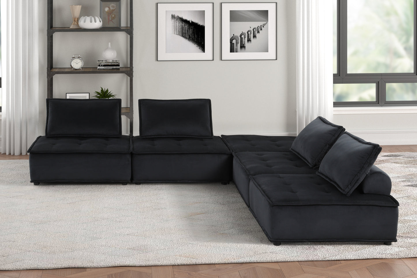 Anna 120" Black Velvet 5 Pc Sectional Sofa