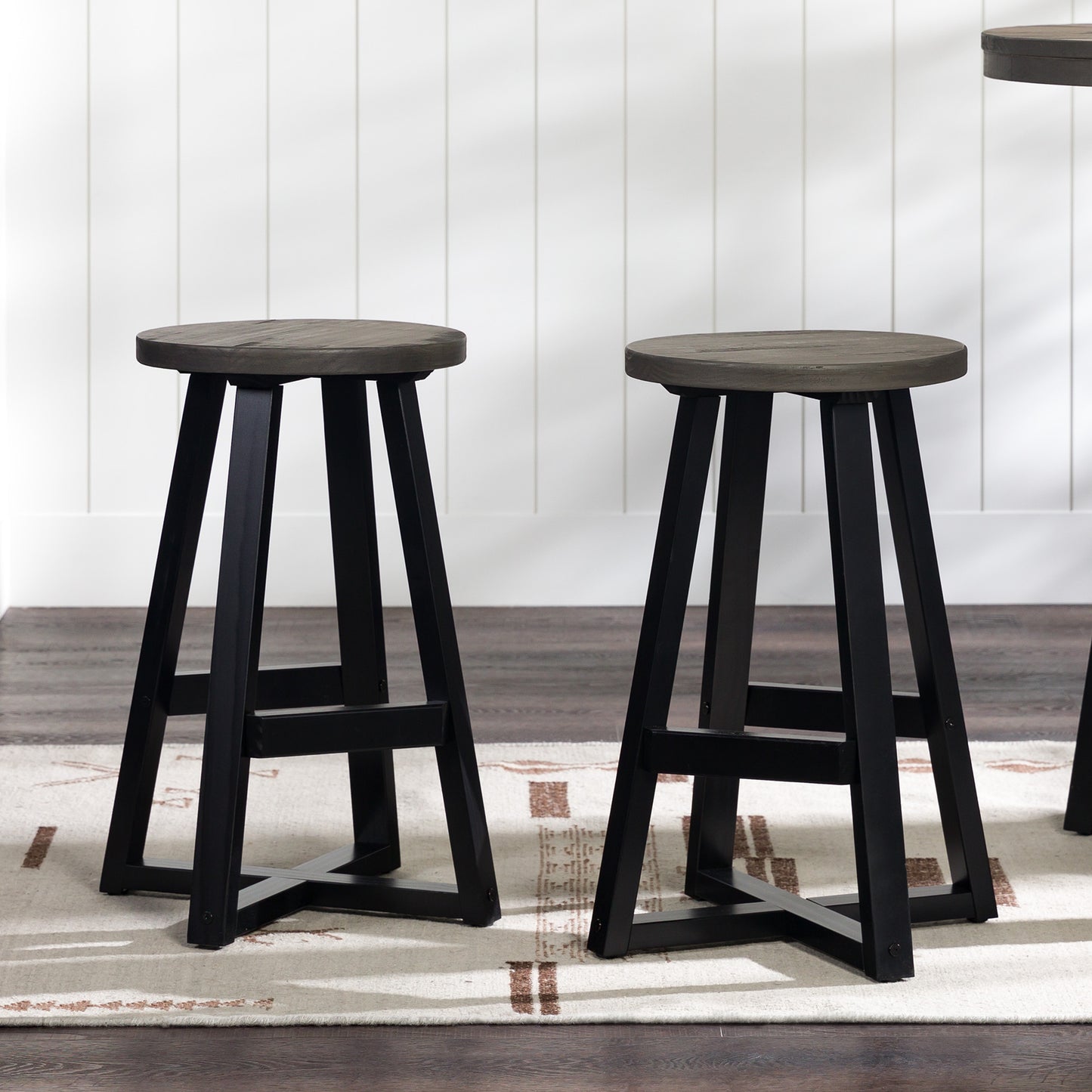 Rustic Distressed Solid Wood Round Dining Stool – Grey