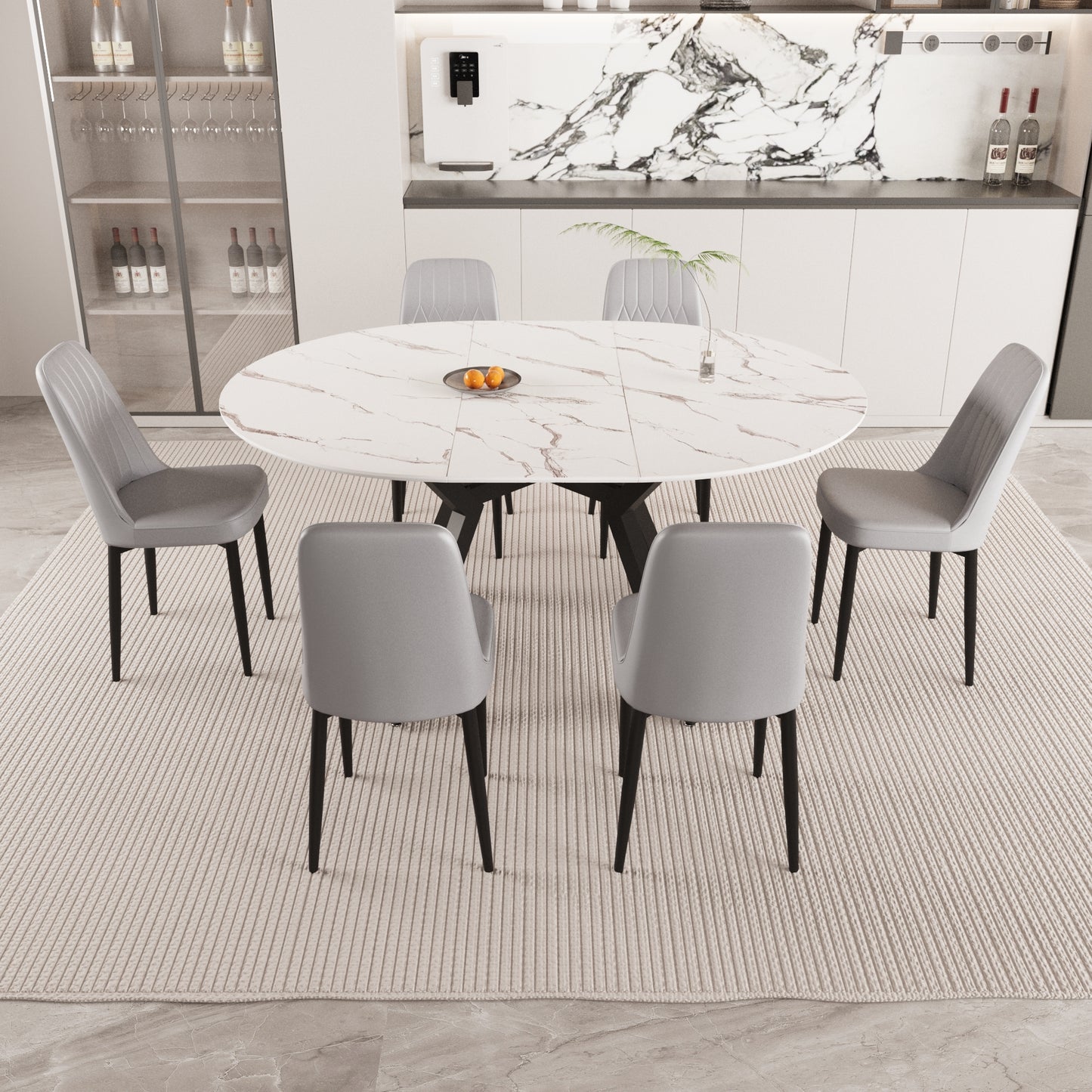 47-63' expandable circular dining tables , equipped with 6 PU fabric thick cushioned dining chairs and an elegant and spacious dining table, kitchen table and chair, with black metal legs