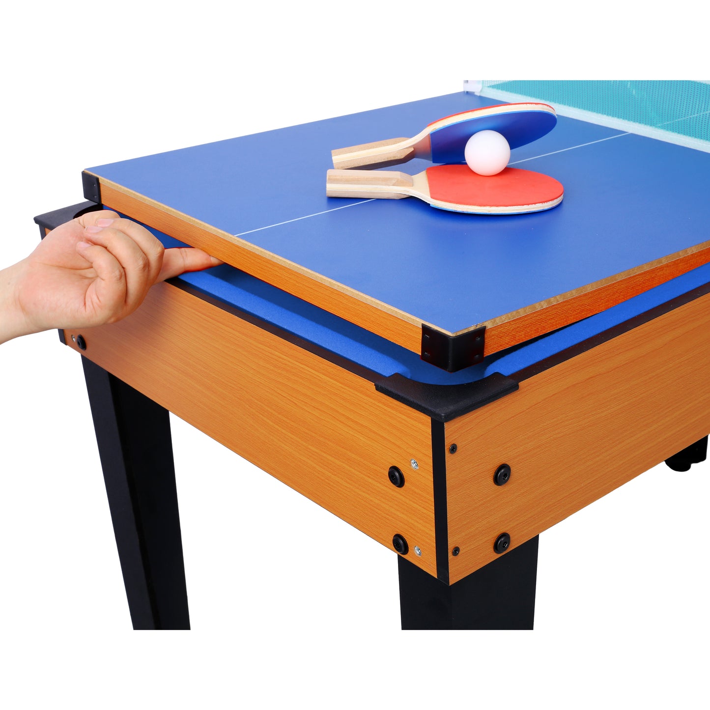 5-in-1 Multi-Game Table - Billiards, Push Hockey, Foosball, Ping Pong, and Basketball  brown /blue