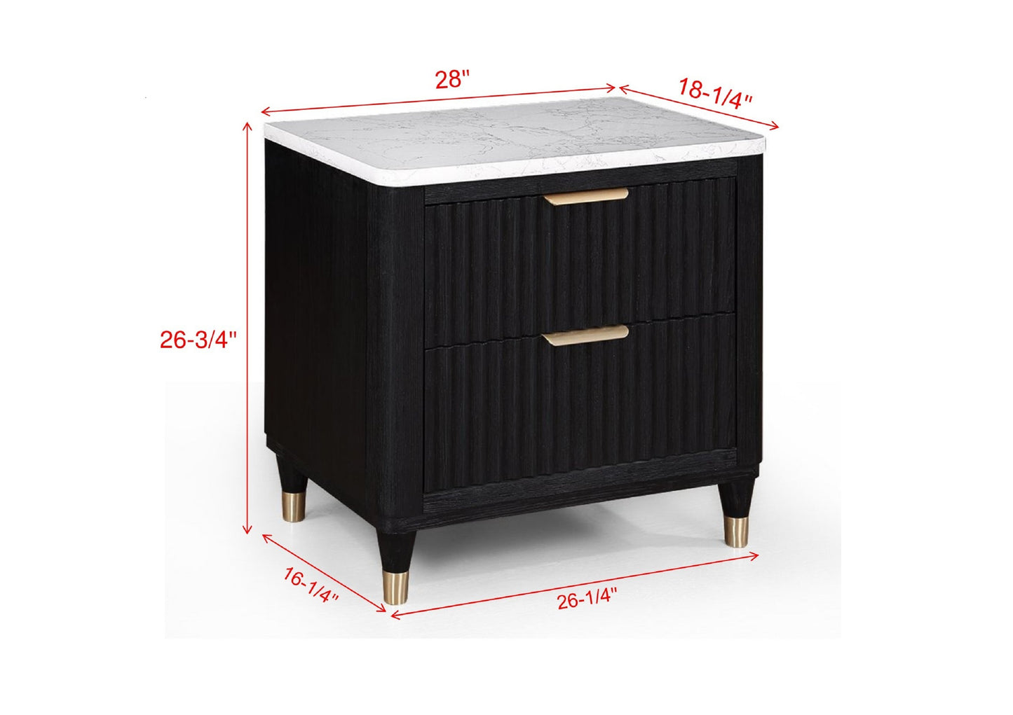 1pc Contemporary 2-Drawer Black Nightstand White Top Metal Knobs Modern Design Wooden Bedroom Furniture