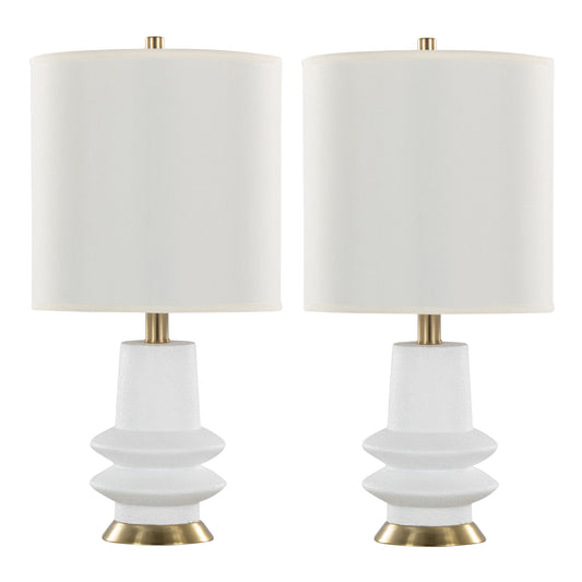 Lloyd 26" Contemporary Polyresin Table Lamp in Sanded Matte White Polyresin, Modern Brass and White Linen Shade from Grandview Gallery by LumiSource - Set of 2