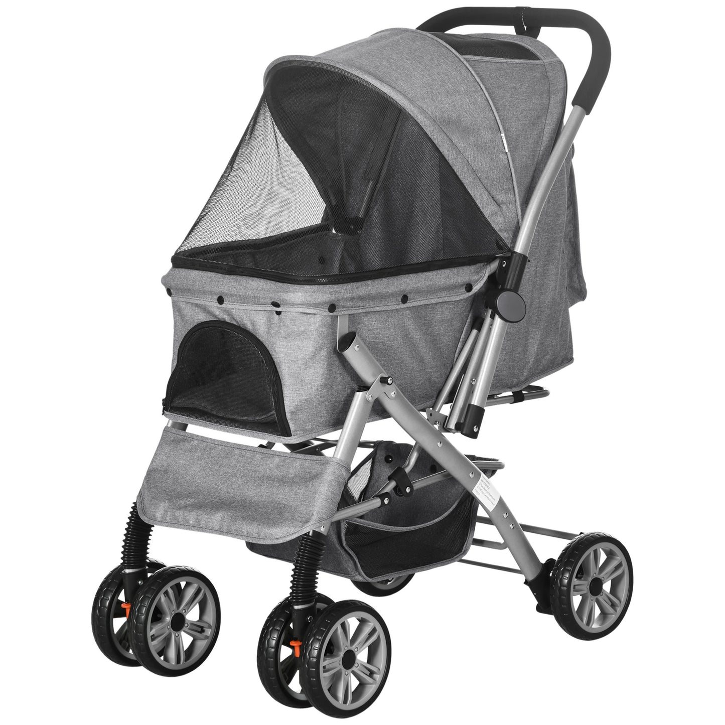 PawHut Travel Pet Stroller for Dogs, Cats, One-Click Fold Jogger Pushchair with Swivel Wheels, Braket, Basket Storage, Safety Belts, Adjustable Canopy, Zippered Mesh Window Door, Grey