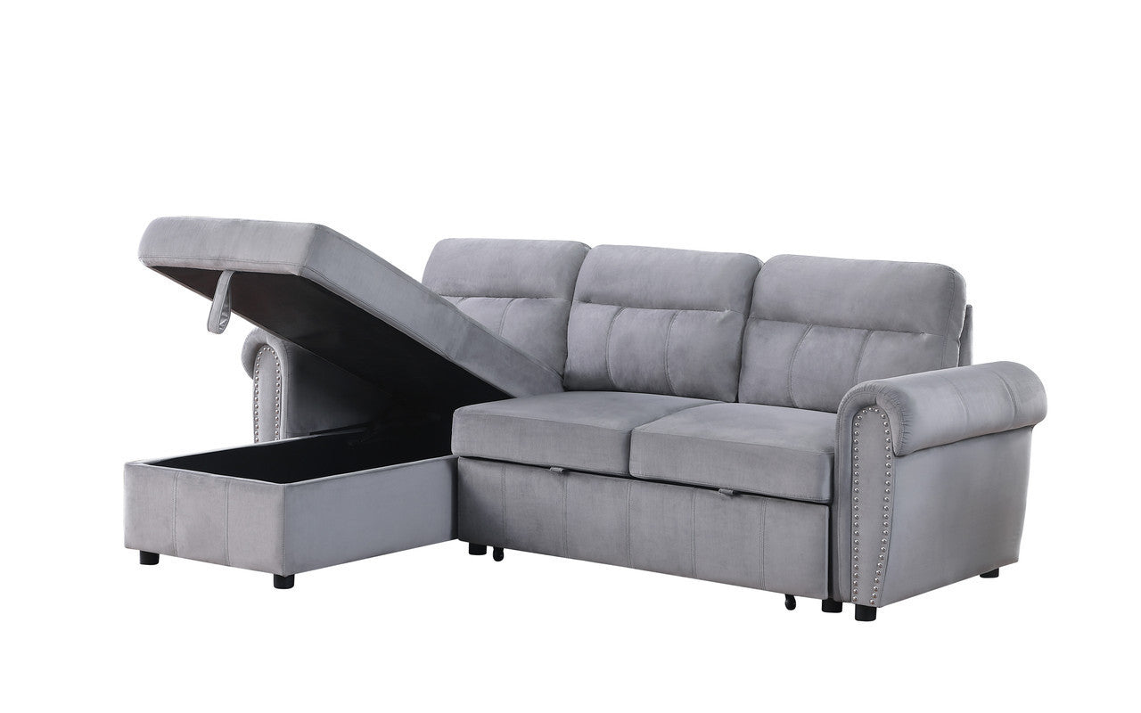 Ashton 96.5" Gray Velvet Fabric Reversible Sleeper Sectional Sofa Chaise