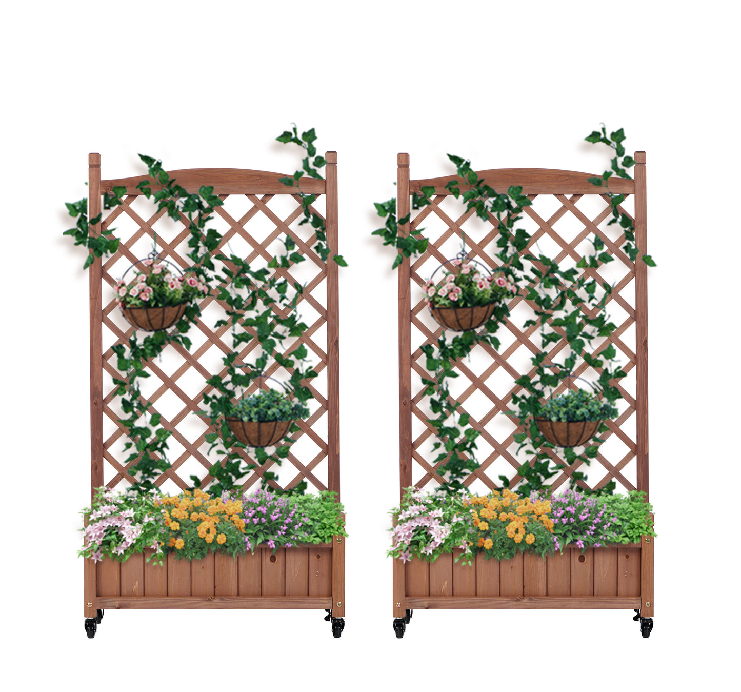 Raised Garden Bed with Trellis 2 Pack, Outdoor Wooden Planter Box & Plant Stand with Climbing Racks