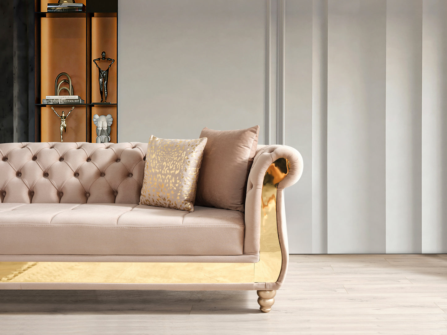 Gold Detailed Tufted Upholstery Sectional made with Wood In Taupe