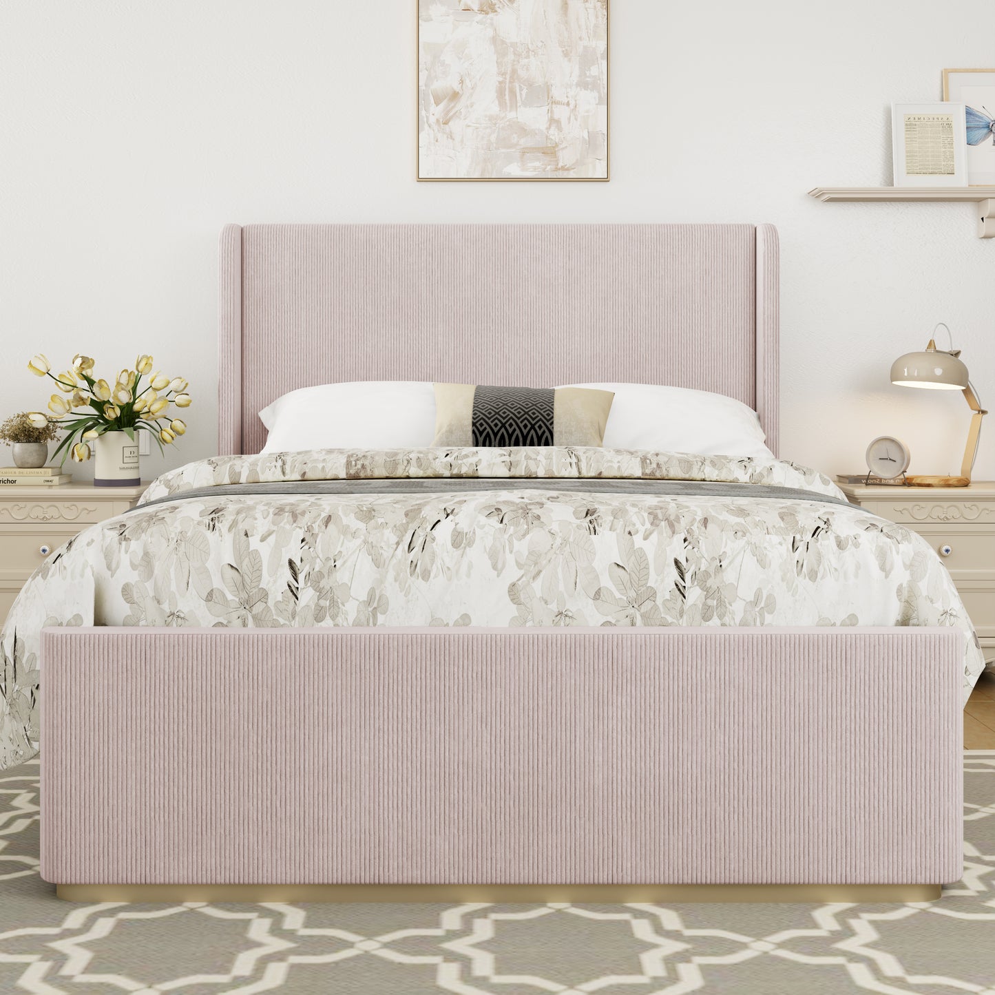 Queen Size Corduroy Upholstered Bed Frame with Vertical Stripe Wingback Headboard and High Footboard, Pink