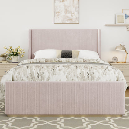 Queen Size Corduroy Upholstered Bed Frame with Vertical Stripe Wingback Headboard and High Footboard, Pink