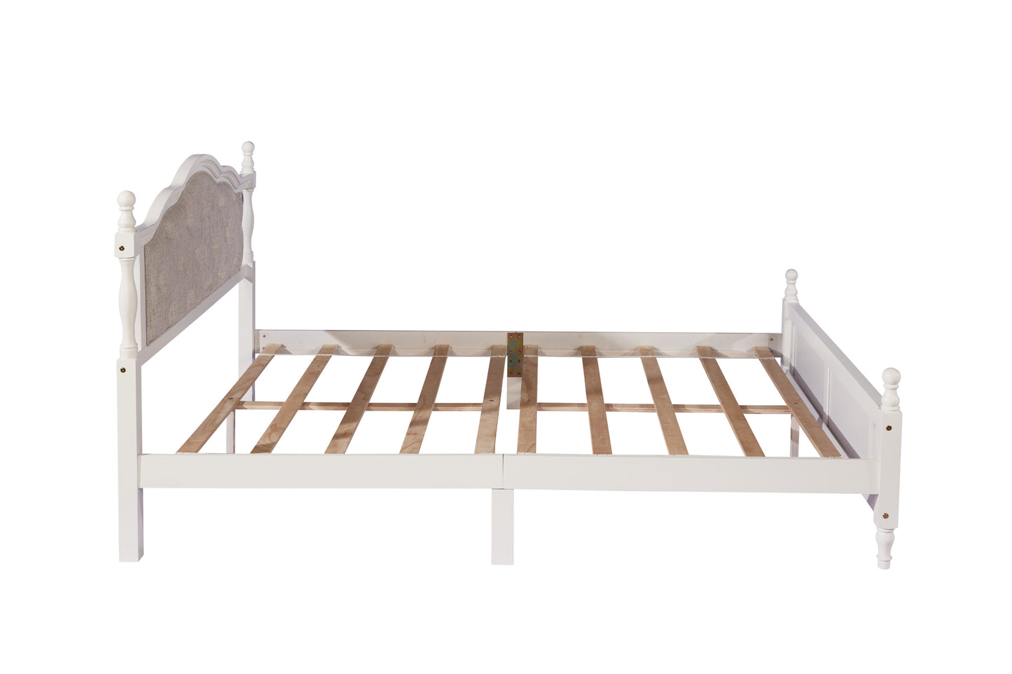 Queen Pine wooden Bed with Upholstered Headboard  and Panel Footboard, with  Two Bed Rail Support Feet and Central Platform Support Feet ,White