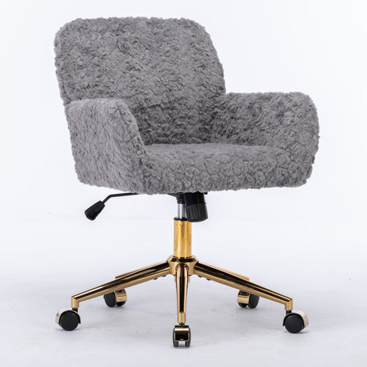 A&A Furniture Gray Adjustable Desk Chair with Artificial Rabbit Hair and Golden Metal Base