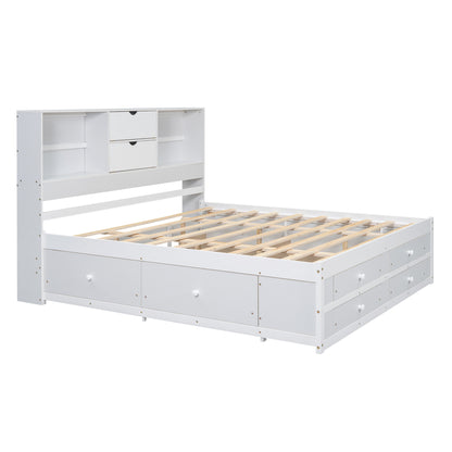 King Size Platform Bed with Storage Headboard and 8 Drawers, White