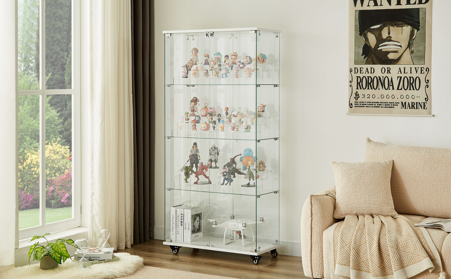 4 Tier Glass Display Cabinet, Double Door Glass Cabinet with Two Locks, Floor Standing Storage Cabinet with 6 Acrylic Shelves for Living Room, Bedroom and Office, White, 31.5"L x 14.2"W x 65.1"H