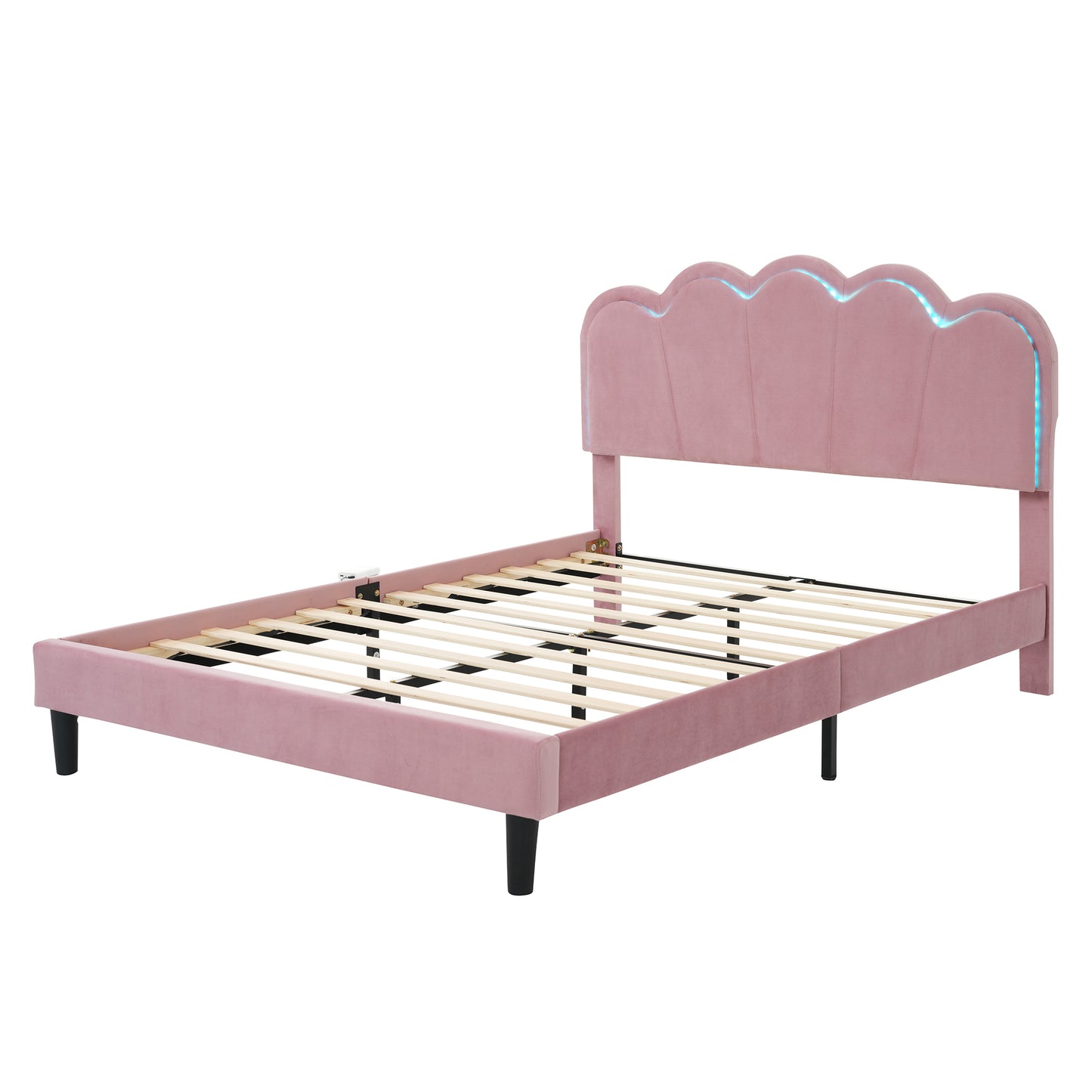 Queen Upholstered Smart LED Bed Frame with Elegant Flowers Headboard,Floating Velvet Platform LED Bed with Wooden Slats Support,Pink