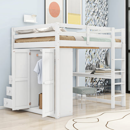 Wood Full Size Loft Bed with Built-in Wardrobe, Desk, Storage Shelves and Drawers, White