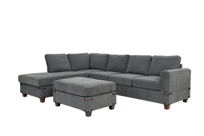 Living Room Furniture Charcoal Chenille Sectional w Ottoman Linen Like Fabric Sofa Reversible L/R Chaise Ottoman 3pc Sectional Sofa