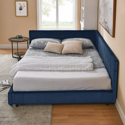 Queen Size Upholstered Tufted Bed Frame, Sofa Bed Frame with Comfortable Backrest and Armrests, Queen Size Bed for Bedroom, Living Room,Velvet, DARK BLUE(85.5''*64.5''*30.5'')