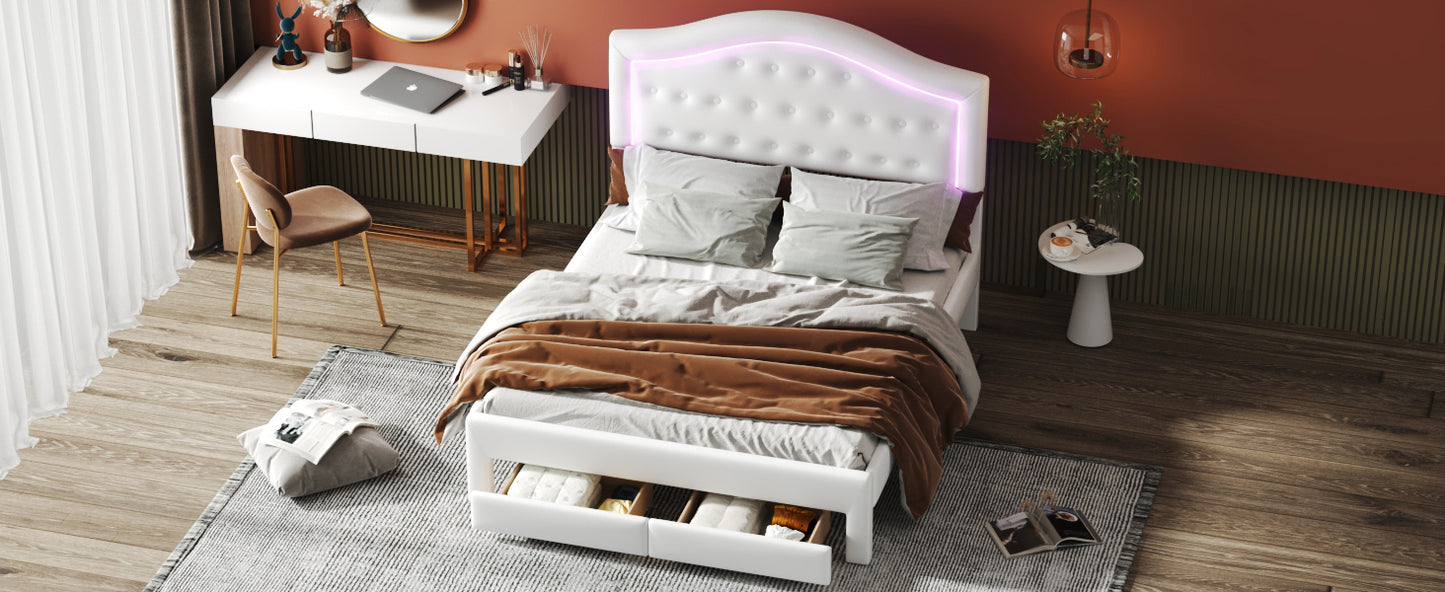 Queen Size Upholstered Platform Bed with Tufted Headboard, LED and 2 Drawers, White