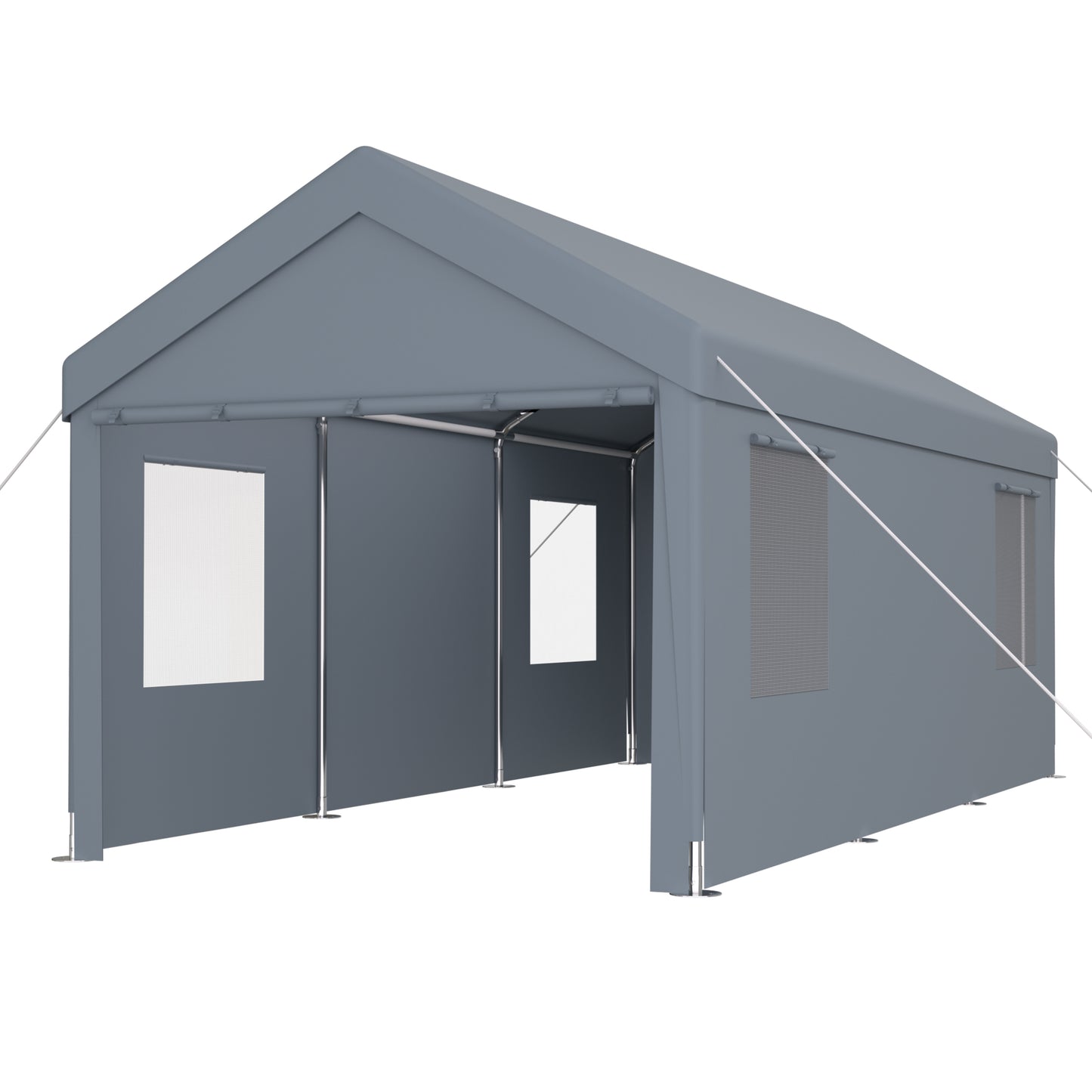 Carport 10' x 20' Portable Garage, Heavy Duty Car Port Canopy with 2 Roll-up Doors & 4 Ventilated Windows for Car, Truck, Boat, Garden Tools, grey