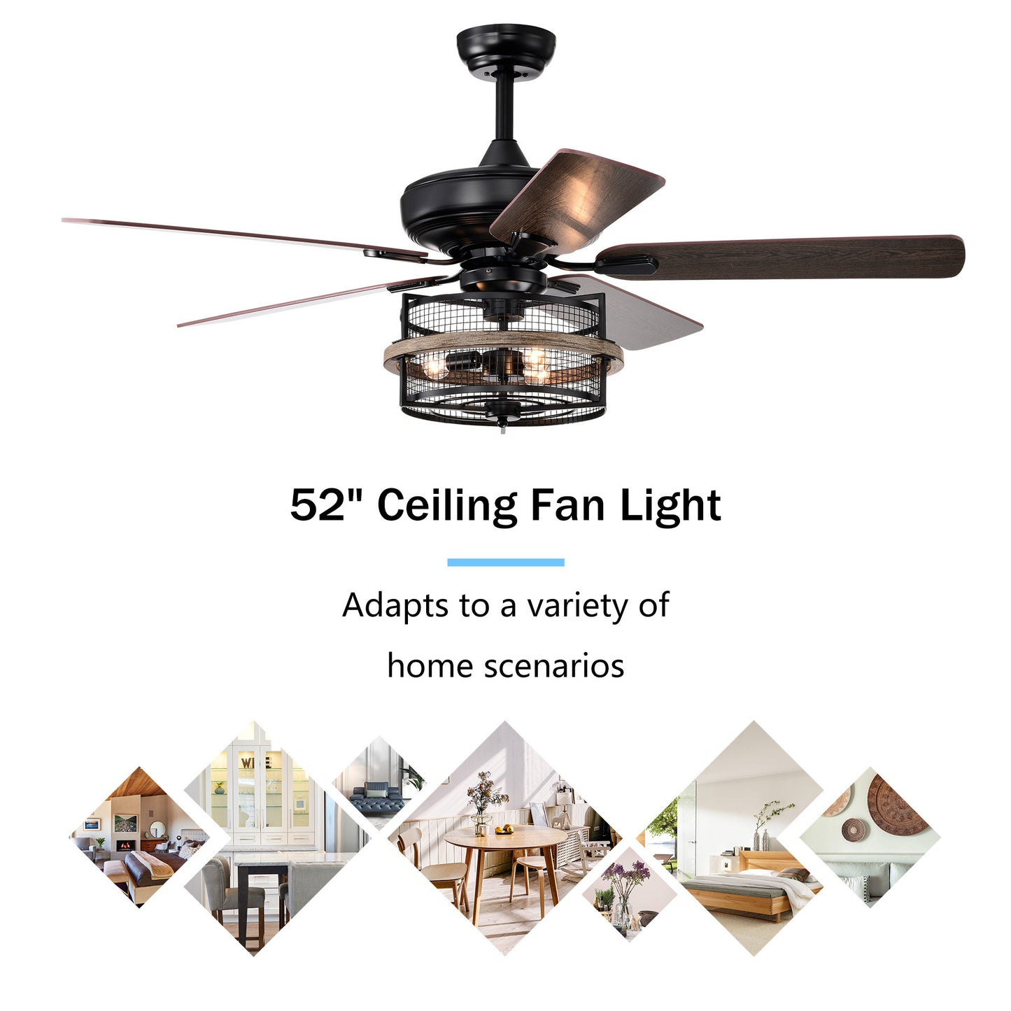 52 Inch Farmhouse Ceiling Fan with  Remote,3-Lights Ceiling Fan with  Light Fixture (No include Bulbs), Ceiling Fan for Patio,Living room,Bedroom --Black Matte+Wood Grain