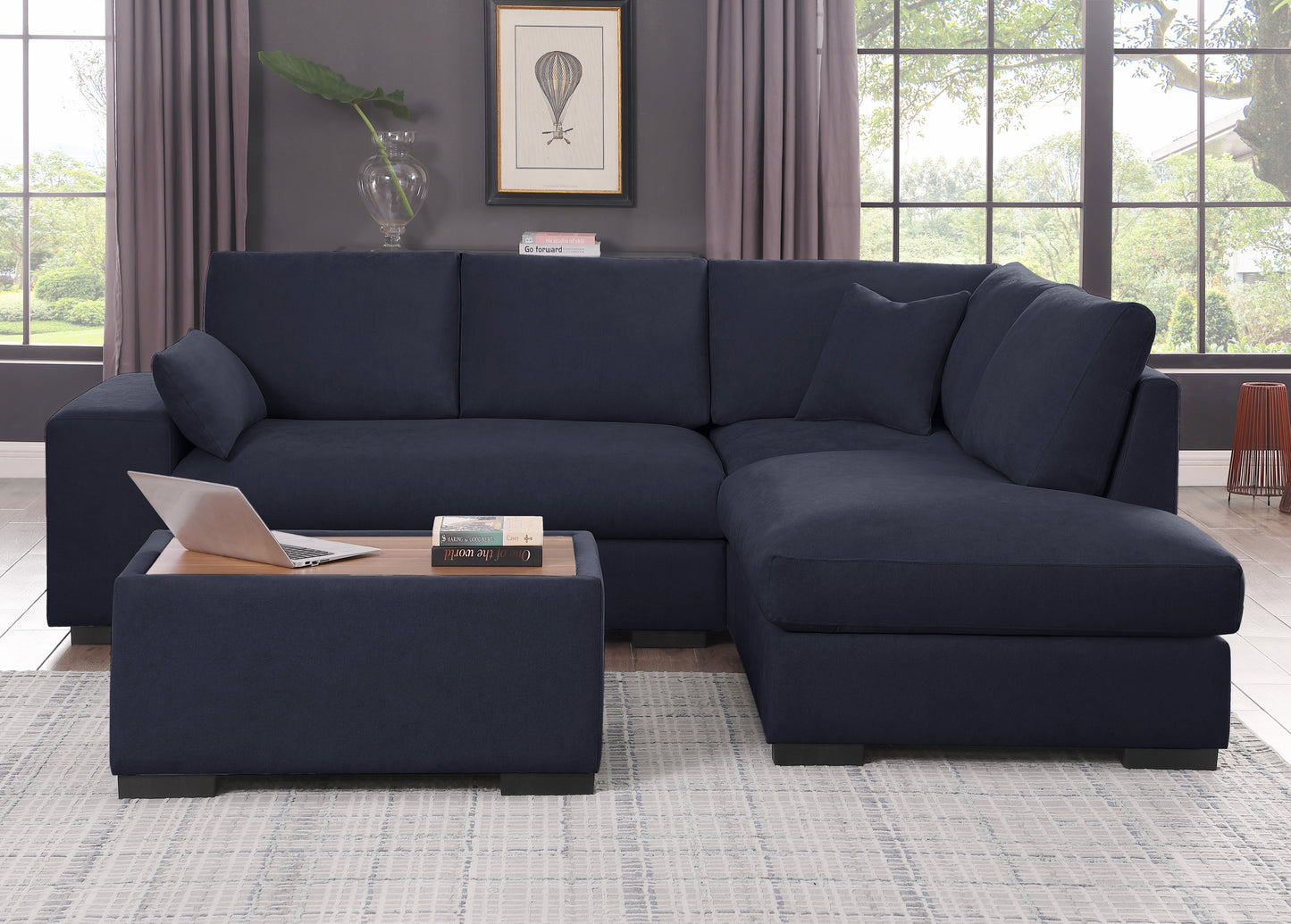 Joshua 100"W Dark Gray Woven Fabric Sectional Sofa with Right Facing Chaise and Console Ottoman