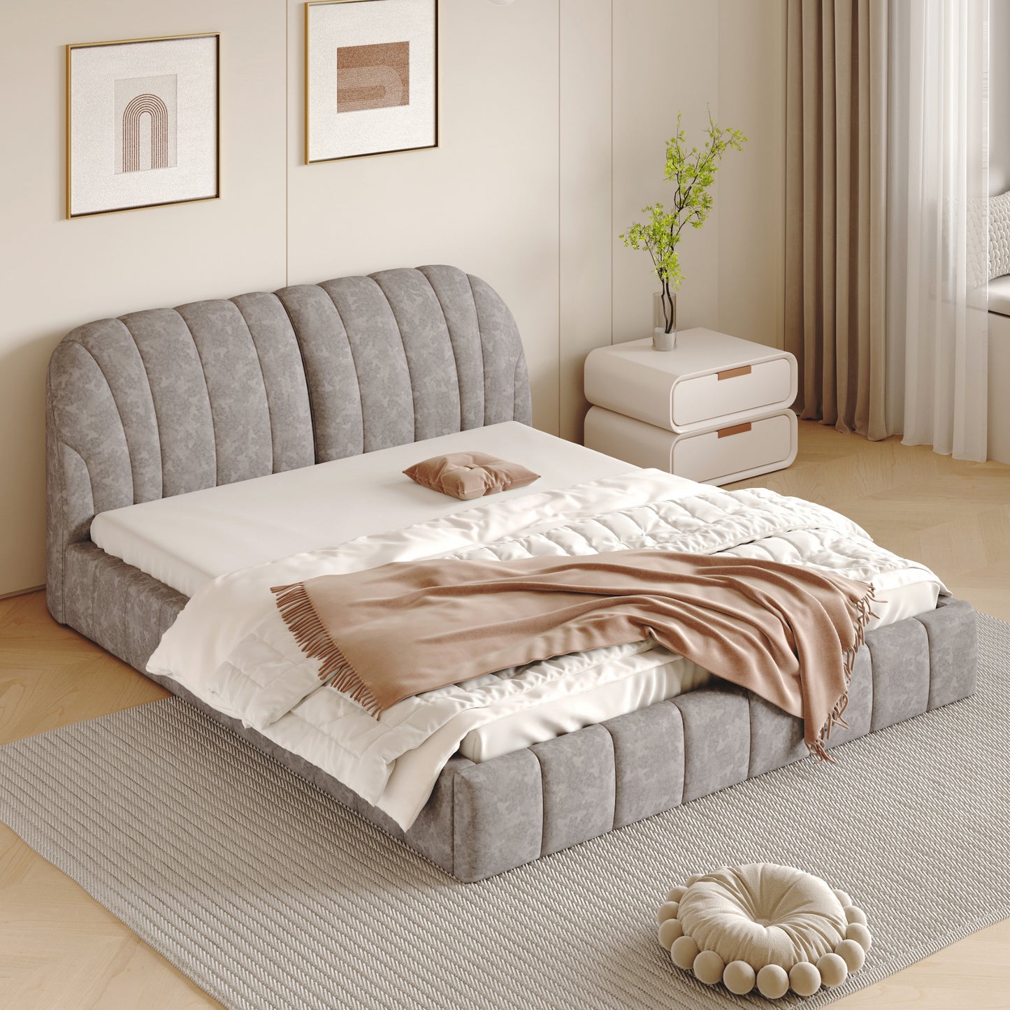 Queen Size Upholstered Platform Bed with Thick Fabric, Polyester, Gray