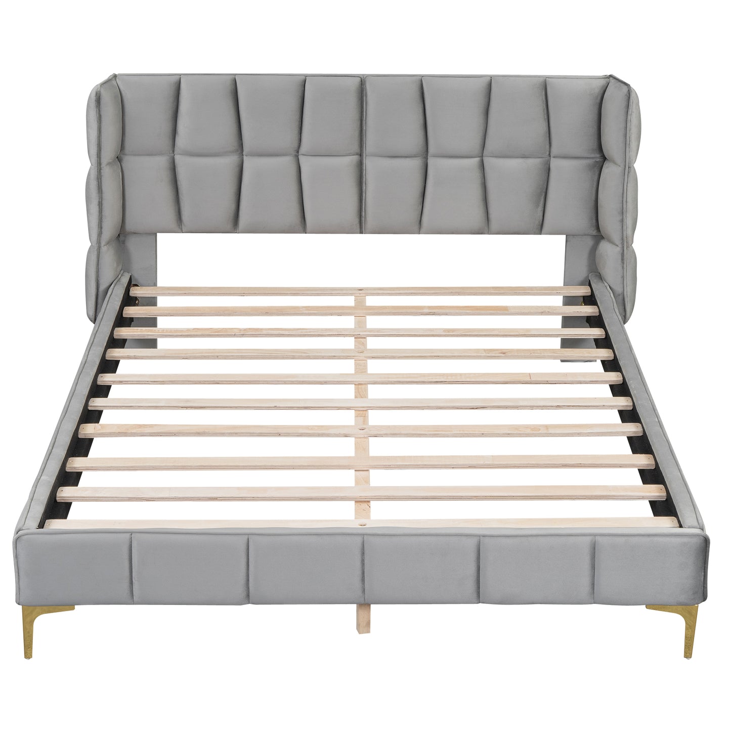 Queen Size Upholstered Velvet Platform Bed, Gray