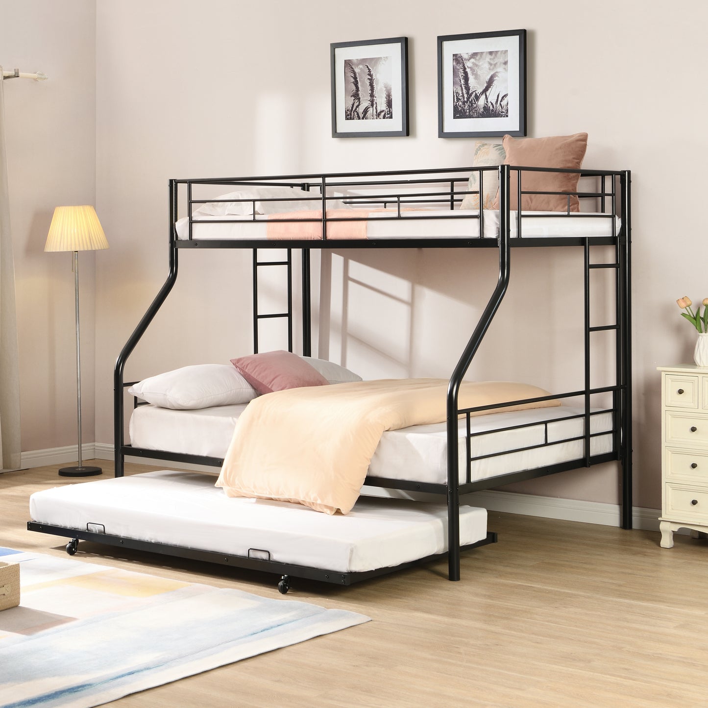 Twin Over Full with trundle Metal Bunk Bed , No Box Spring Needed, Easy Assemble