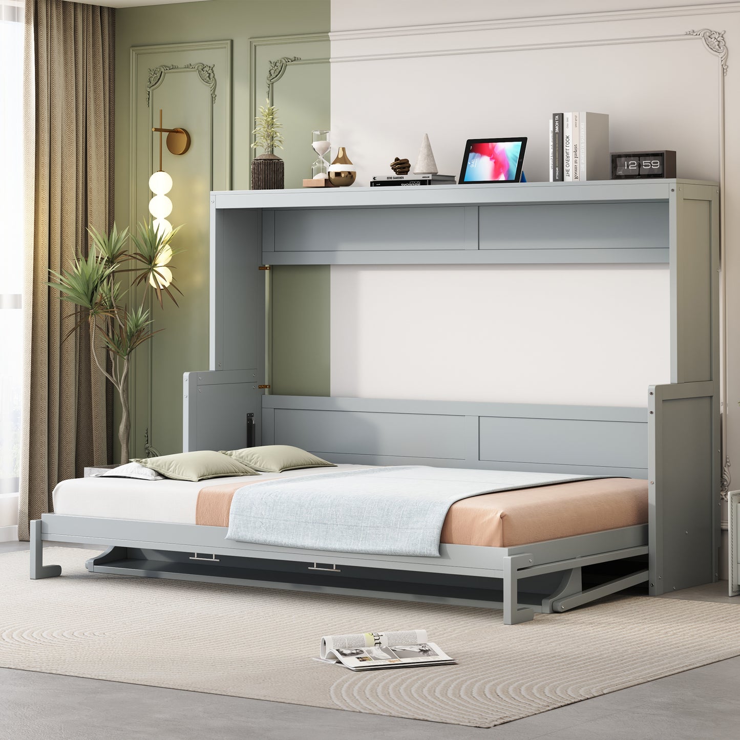 Queen Size Murphy Bed with Hydraulic Lift & Desk Design, Gray