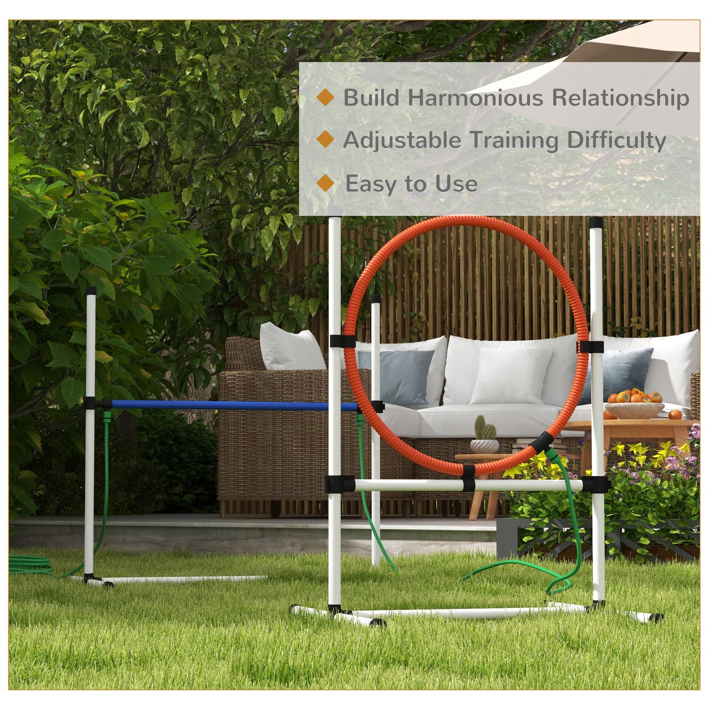 PawHut 3 Piece Dog Agility Training Equipment Set, Dog Obstacle Course with Adjustable Height Jumping Ring and Hurdle, Spray Water Tube, Carry Bag, Whistle, White